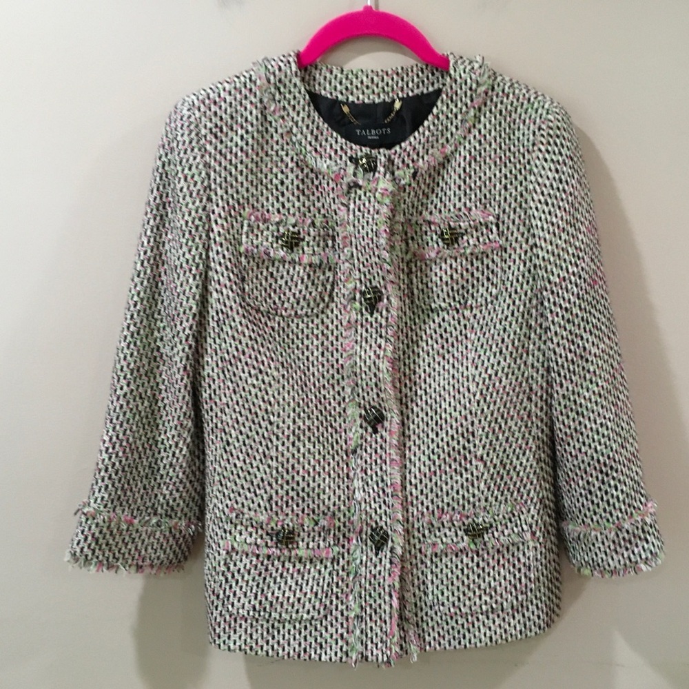 Talbots Jacket Tweed Modern Green Pink Pocket Blazer Jacket Women 2P